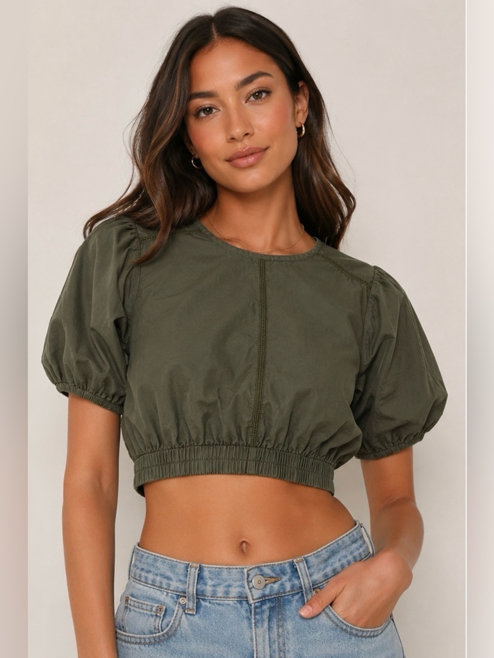 Amour Vert Organic Cotton Olive Puff Sleeve Cropped Top Medium